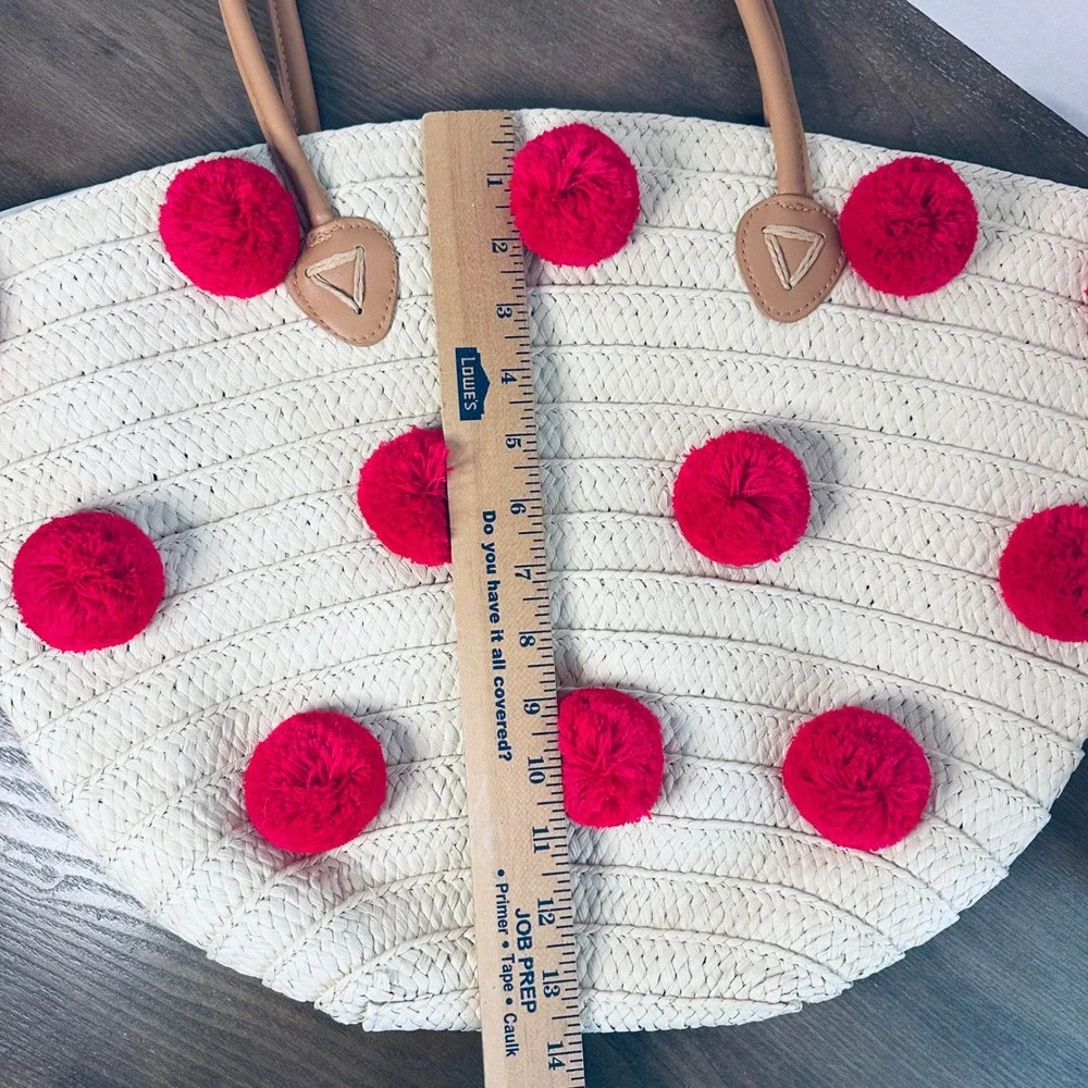 Shiraleah Klo Chicago‎ Straw Tote Bag Pink Pom Pom Beach Summer Shoulder Bag Lg